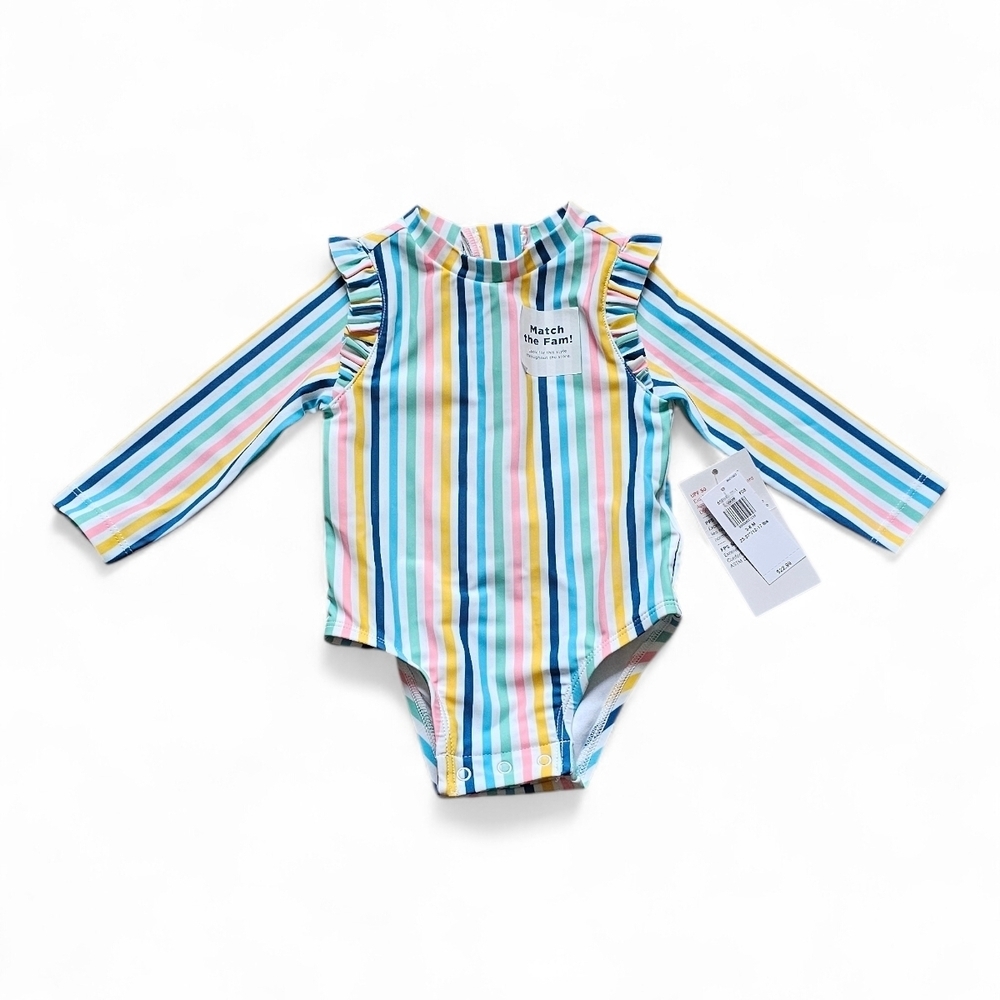 Old Navy Baby Girl Long Sleeve Striped Swimsuit Rash Guard One-Piece Size 3–6M
